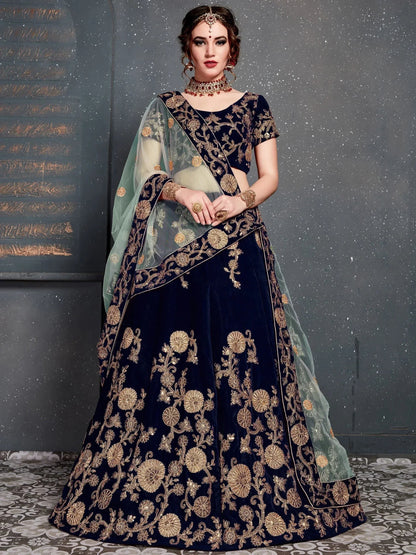 Tulsi Art Navy Blue Embroidered Velvet Bridal Wear Lehenga Choli With Dupatta