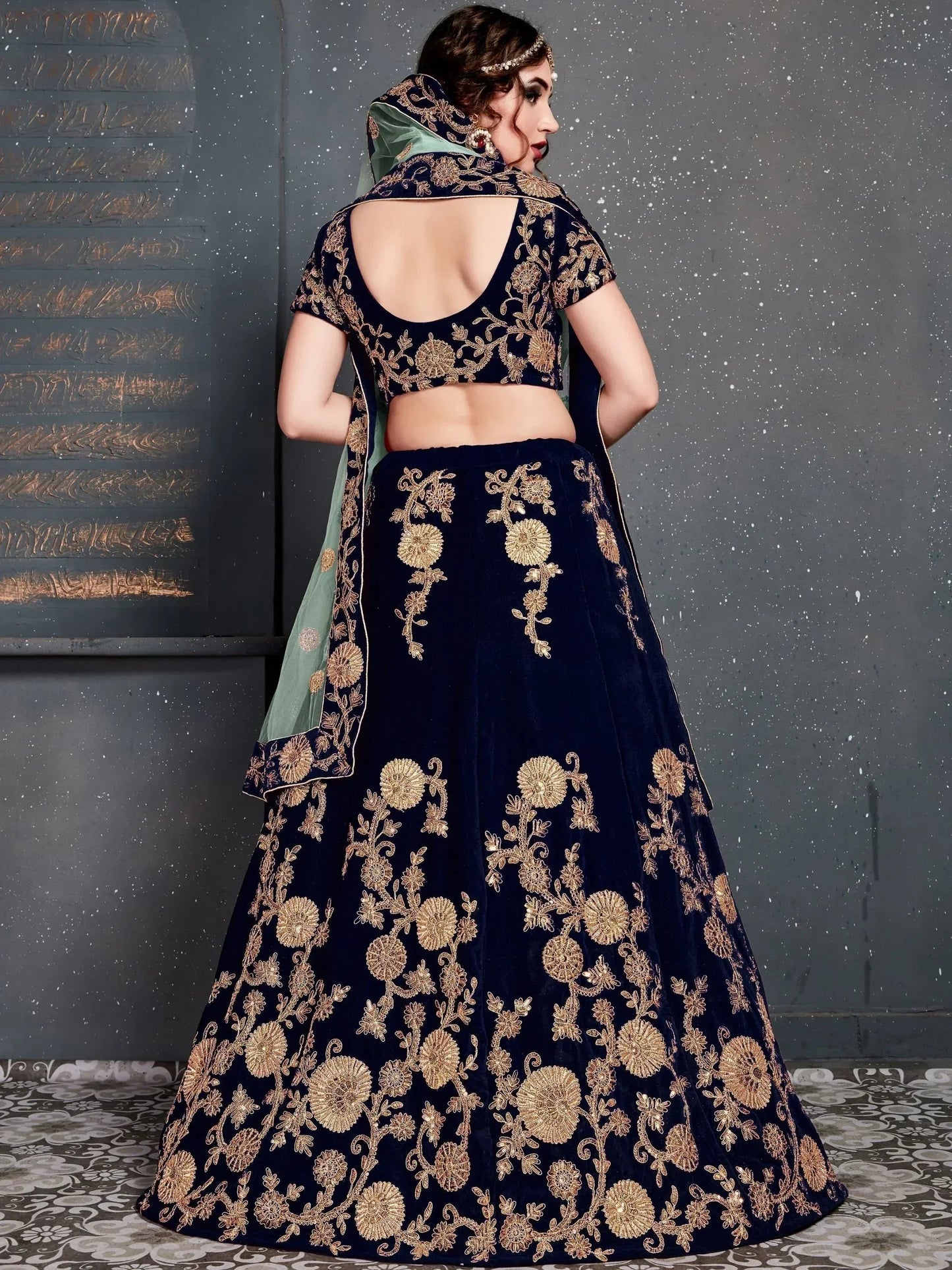 Tulsi Art Navy Blue Embroidered Velvet Bridal Wear Lehenga Choli With Dupatta