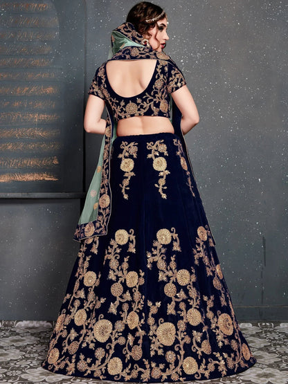Tulsi Art Navy Blue Embroidered Velvet Bridal Wear Lehenga Choli With Dupatta
