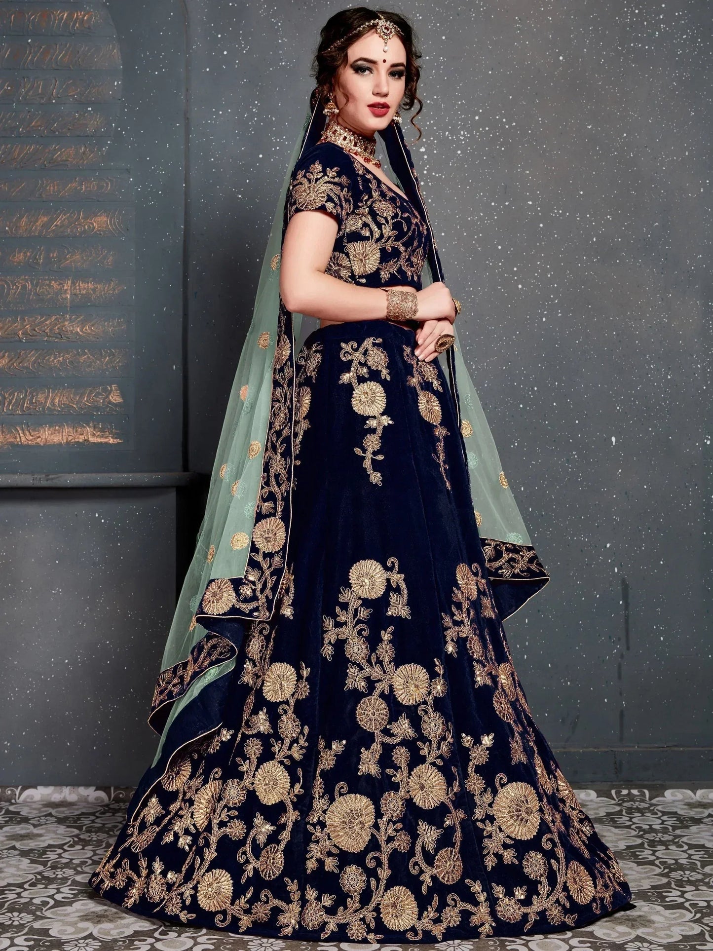 Tulsi Art Navy Blue Embroidered Velvet Bridal Wear Lehenga Choli With Dupatta