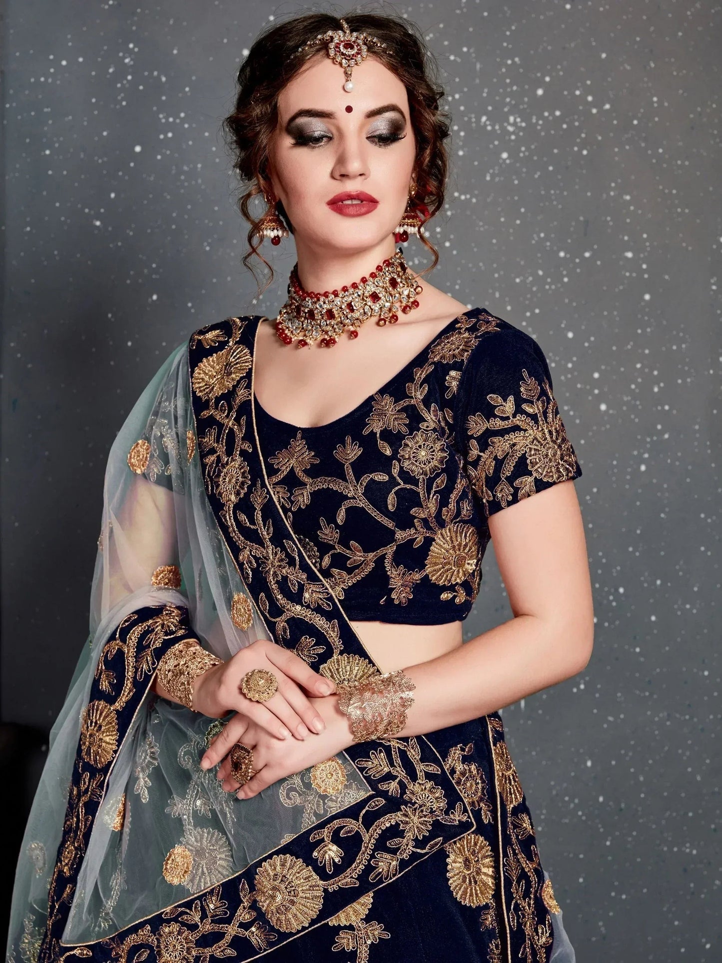 Tulsi Art Navy Blue Embroidered Velvet Bridal Wear Lehenga Choli With Dupatta