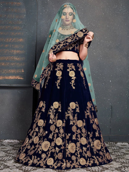 Tulsi Art Navy Blue Embroidered Velvet Bridal Wear Lehenga Choli With Dupatta