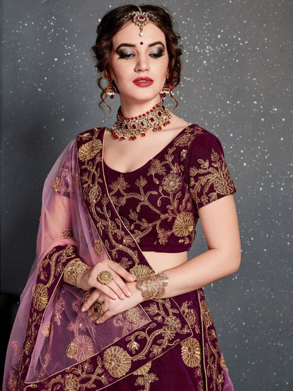 Tulsi Art Purple Embroidered Velvet Wedding Lehenga Choli
