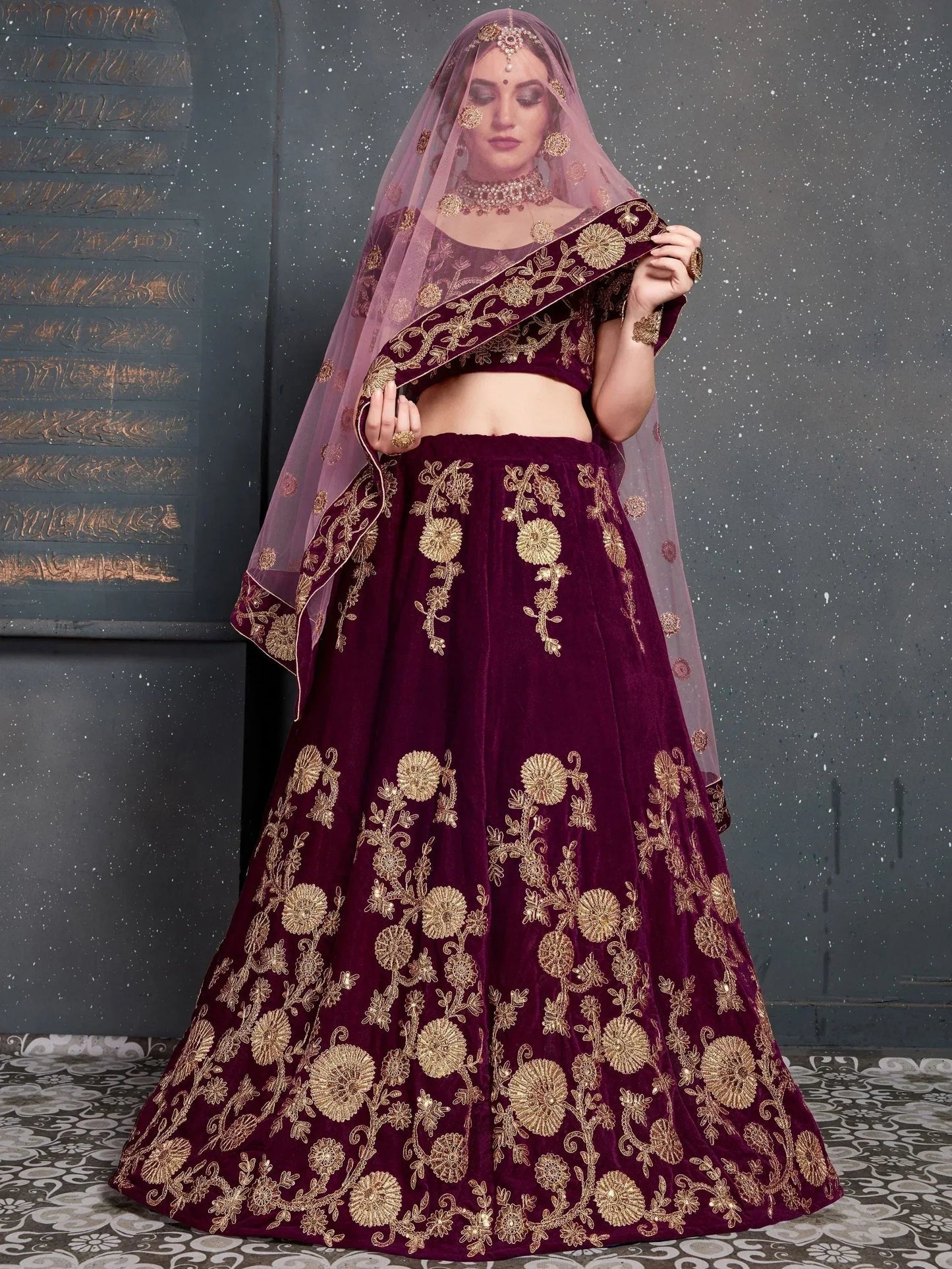 Tulsi Art Purple Embroidered Velvet Wedding Lehenga Choli