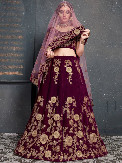 Tulsi Art Purple Embroidered Velvet Wedding Lehenga Choli