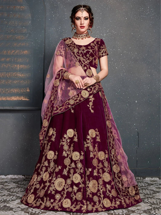 Tulsi Art Purple Embroidered Velvet Wedding Lehenga Choli
