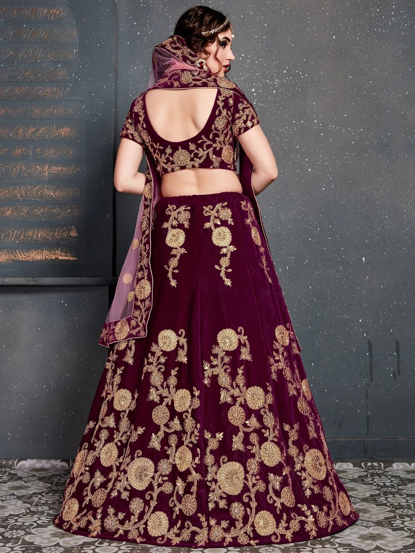 Tulsi Art Purple Embroidered Velvet Wedding Lehenga Choli