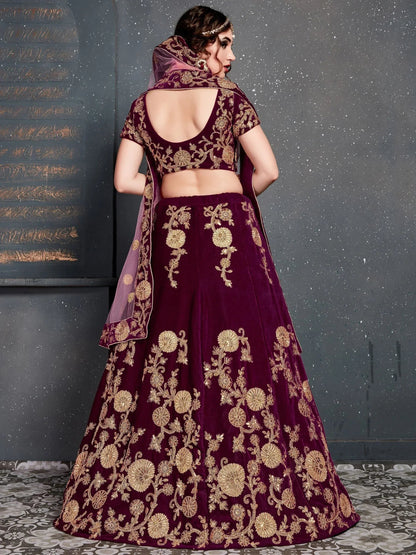 Tulsi Art Purple Embroidered Velvet Wedding Lehenga Choli