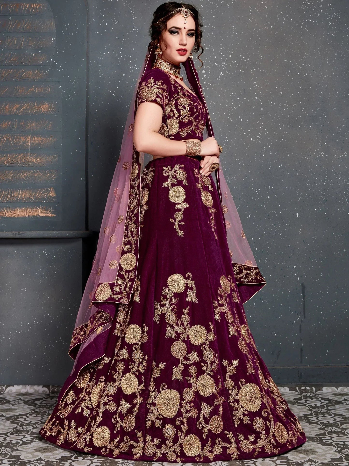 Tulsi Art Purple Embroidered Velvet Wedding Lehenga Choli
