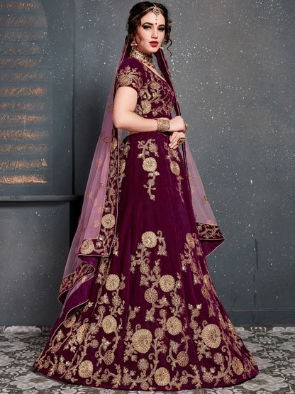 Tulsi Art Purple Embroidered Velvet Wedding Lehenga Choli