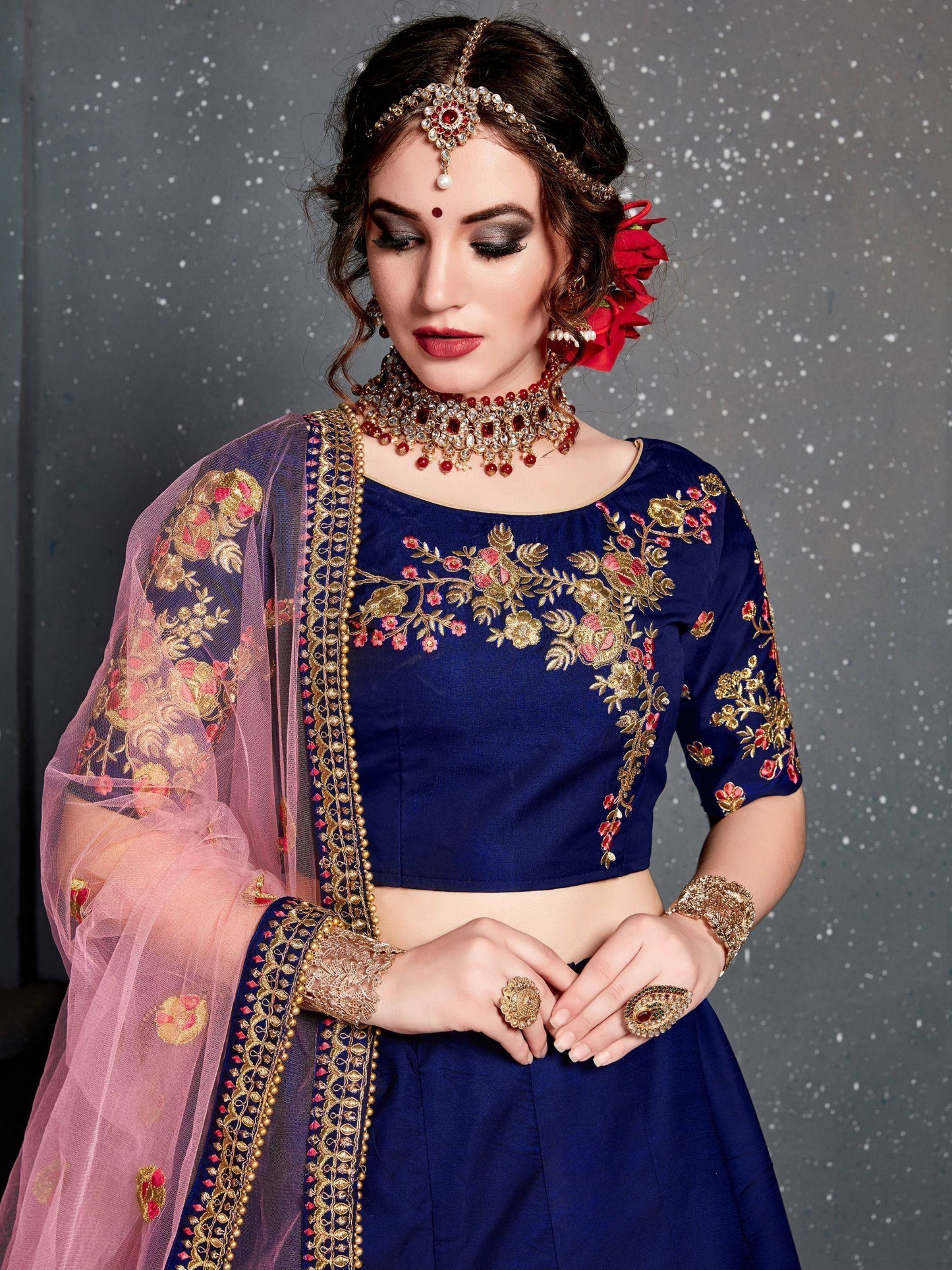 Tulsi Art Navy Blue Embroidered Taffeta Silk Bridal Lehenga Choli With Dupatta