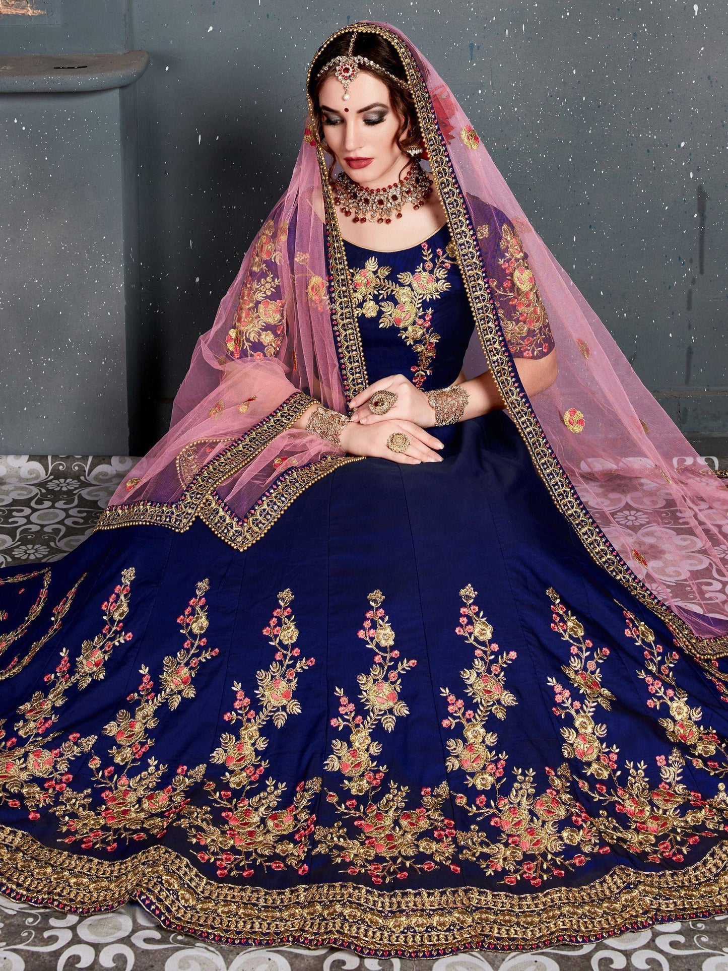 Tulsi Art Navy Blue Embroidered Taffeta Silk Bridal Lehenga Choli With Dupatta