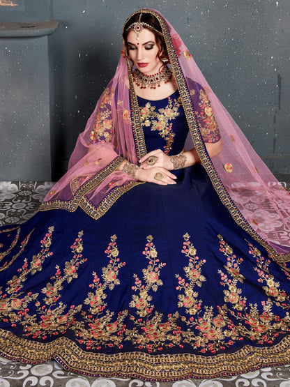 Tulsi Art Navy Blue Embroidered Taffeta Silk Bridal Lehenga Choli With Dupatta