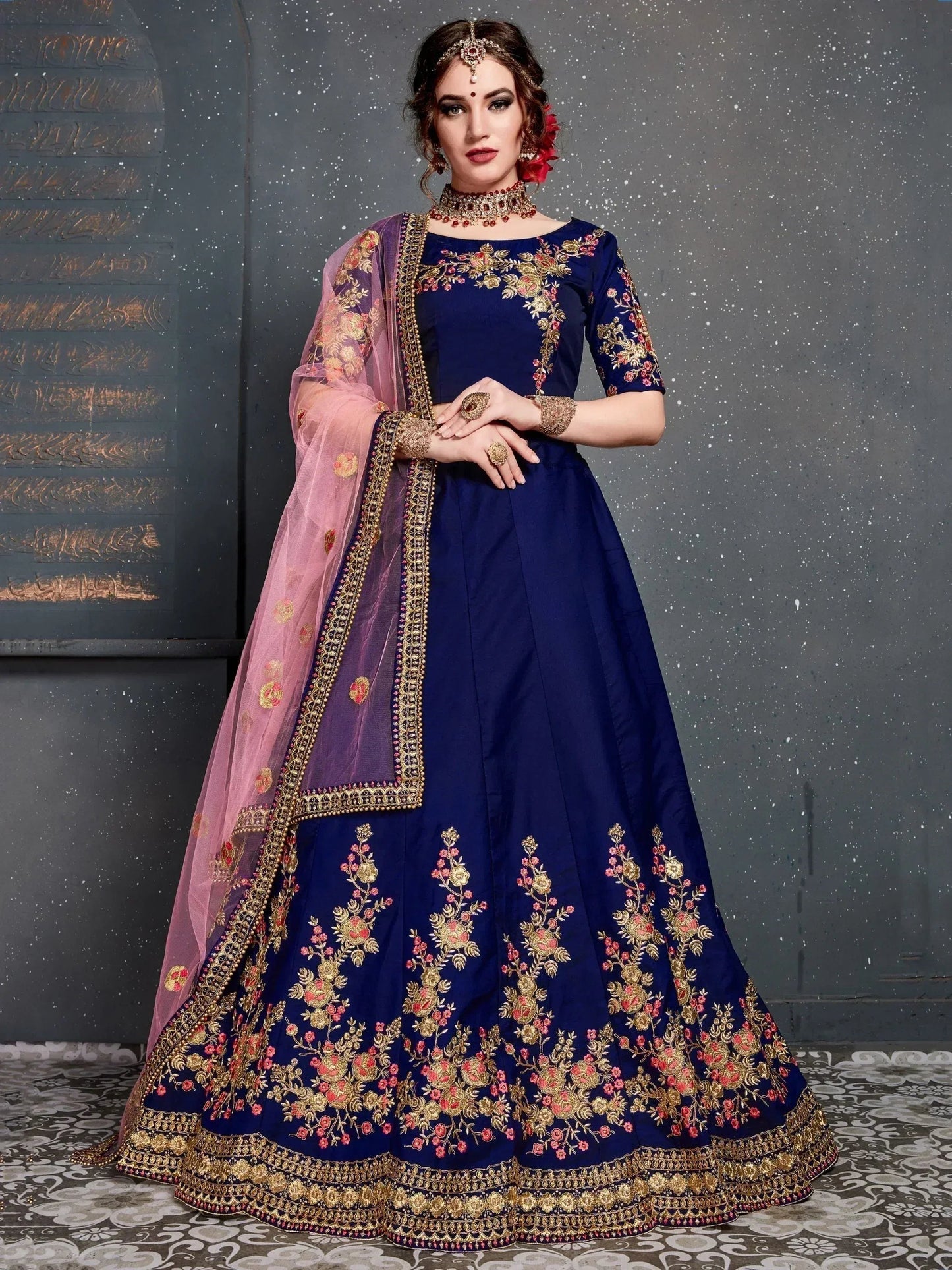 Tulsi Art Navy Blue Embroidered Taffeta Silk Bridal Lehenga Choli With Dupatta