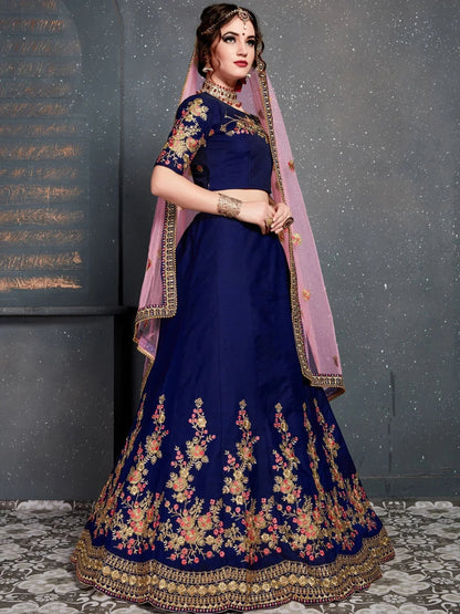 Tulsi Art Navy Blue Embroidered Taffeta Silk Bridal Lehenga Choli With Dupatta