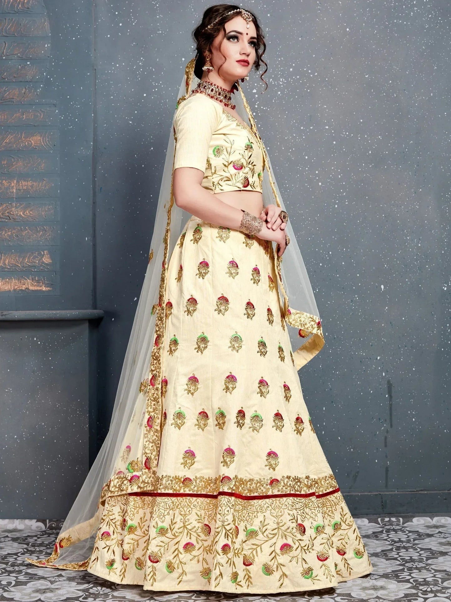 Tulsi Art Cream Embroidered Silk Bridal Lehenga Choli