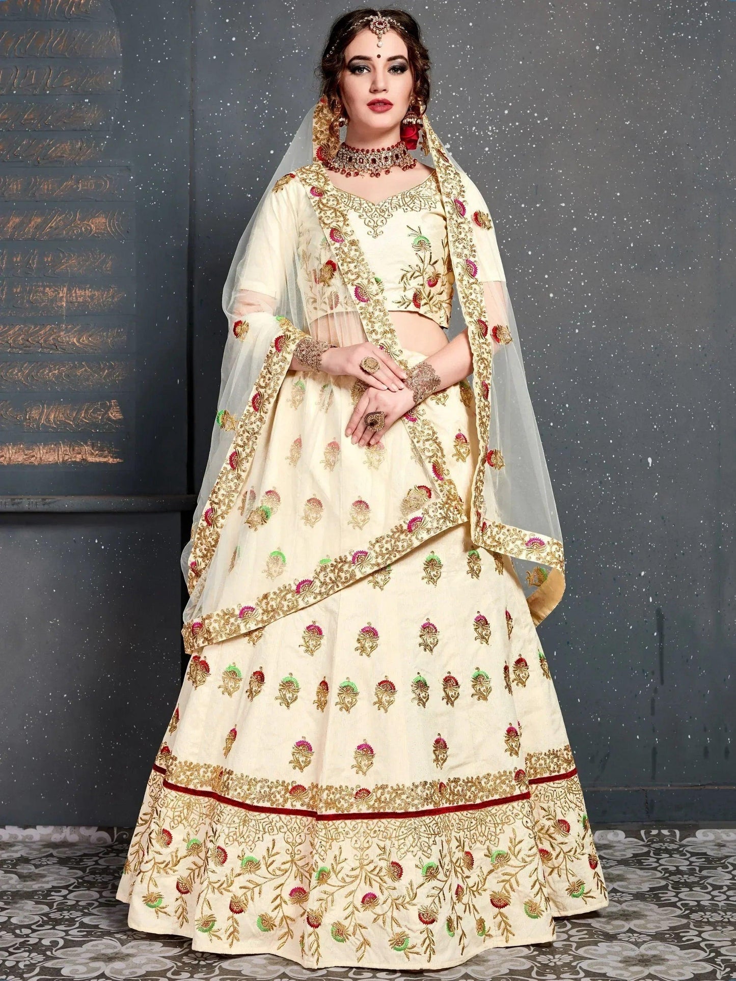 Tulsi Art Cream Embroidered Silk Bridal Lehenga Choli