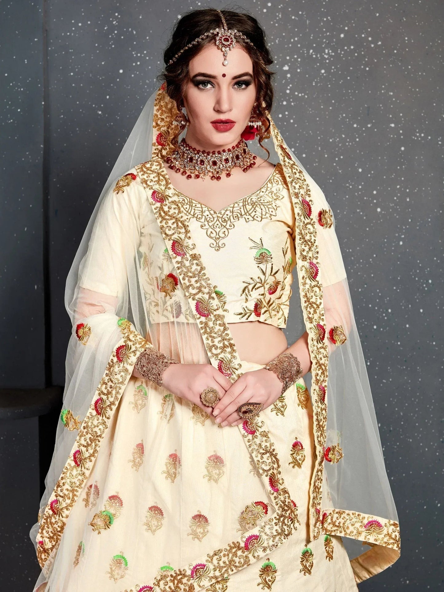 Tulsi Art Cream Embroidered Silk Bridal Lehenga Choli