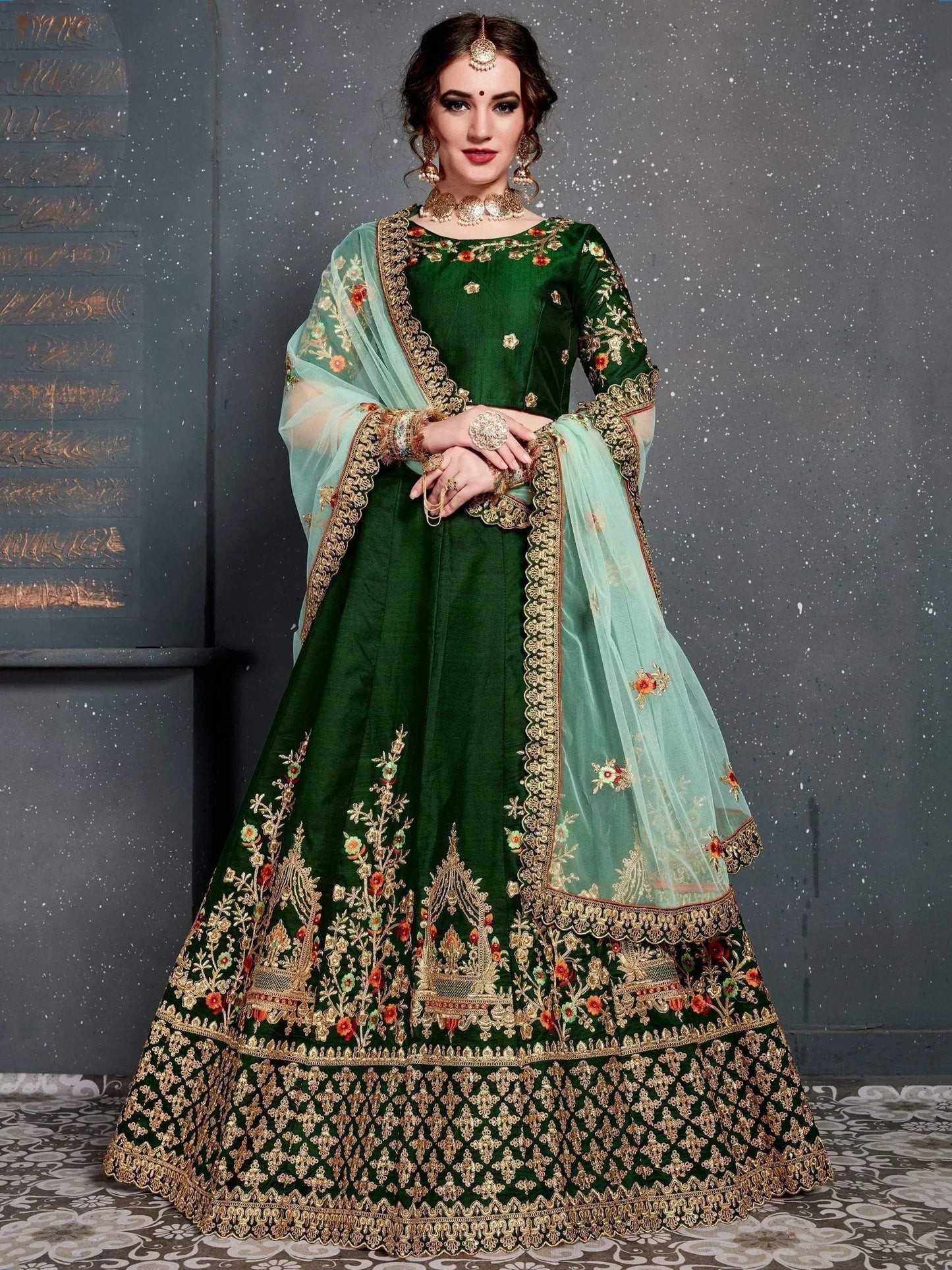 Tulsi Art Bottle Green Embroidered Silk Bridal Lehenga Choli