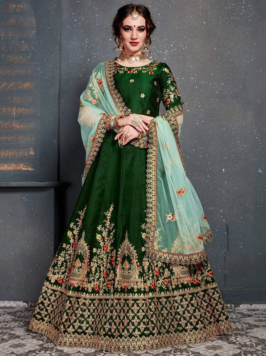 Tulsi Art Bottle Green Embroidered Silk Bridal Lehenga Choli
