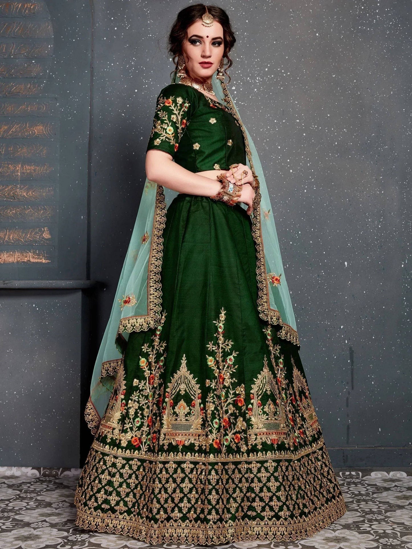 Tulsi Art Bottle Green Embroidered Silk Bridal Lehenga Choli