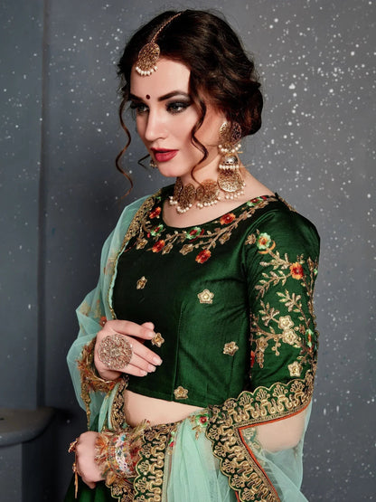 Tulsi Art Bottle Green Embroidered Silk Bridal Lehenga Choli