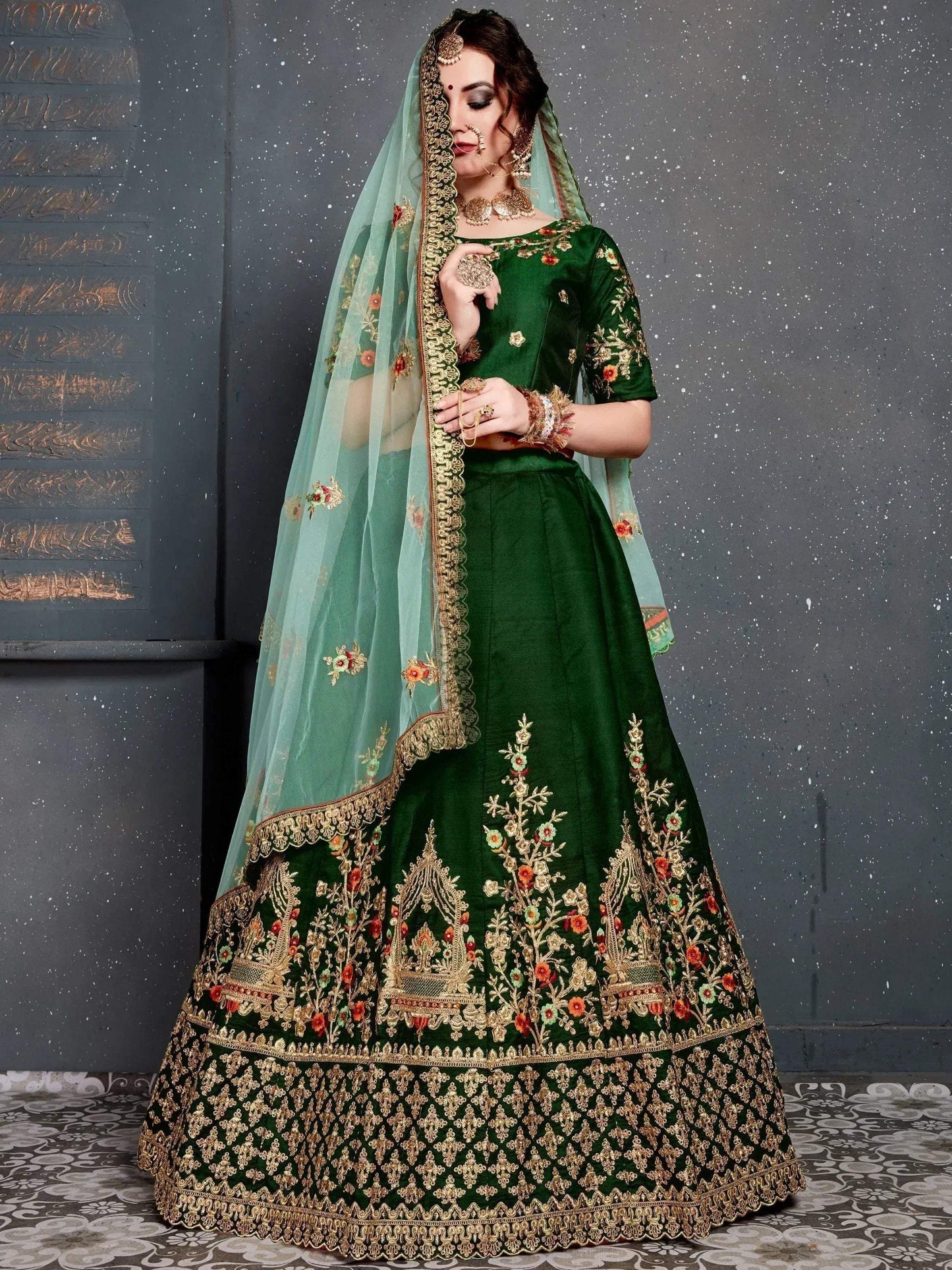 Tulsi Art Bottle Green Embroidered Silk Bridal Lehenga Choli
