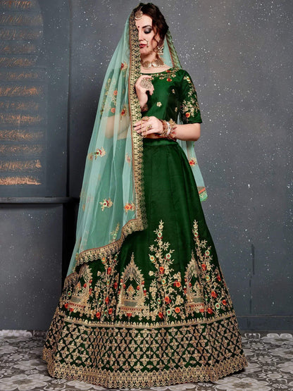 Tulsi Art Bottle Green Embroidered Silk Bridal Lehenga Choli