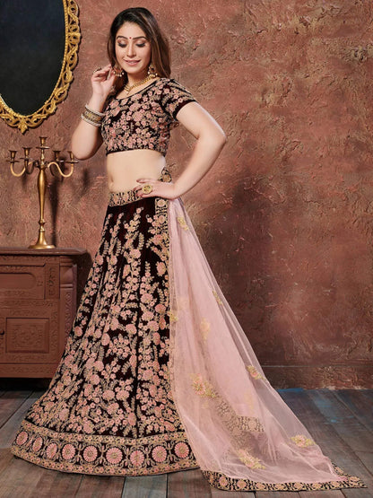 Tulsi Art Maroon Thread Embroidery Velvet Silk Bridal Wear Lehenga Choli And Pastel Pink Dupatta