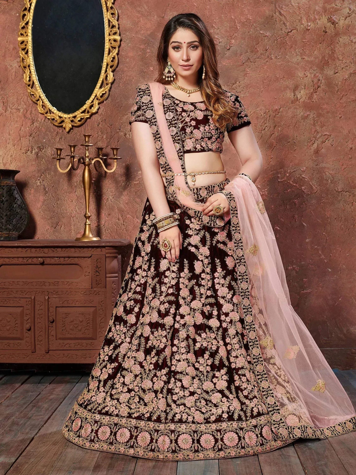 Tulsi Art Maroon Thread Embroidery Velvet Silk Bridal Wear Lehenga Choli And Pastel Pink Dupatta