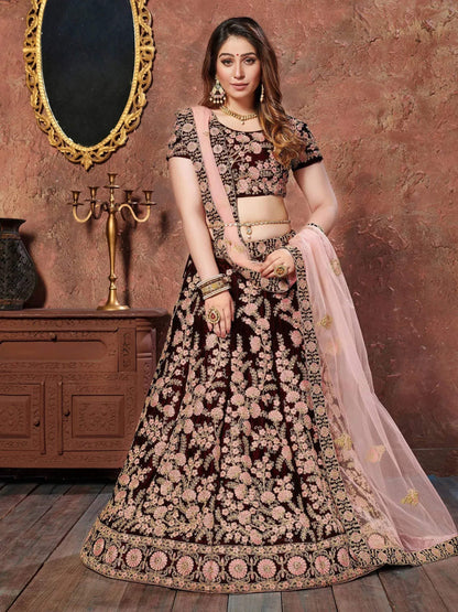 Tulsi Art Maroon Thread Embroidery Velvet Silk Bridal Wear Lehenga Choli And Pastel Pink Dupatta