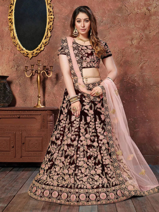 Tulsi Art Maroon Thread Embroidery Velvet Silk Bridal Wear Lehenga Choli And Pastel Pink Dupatta