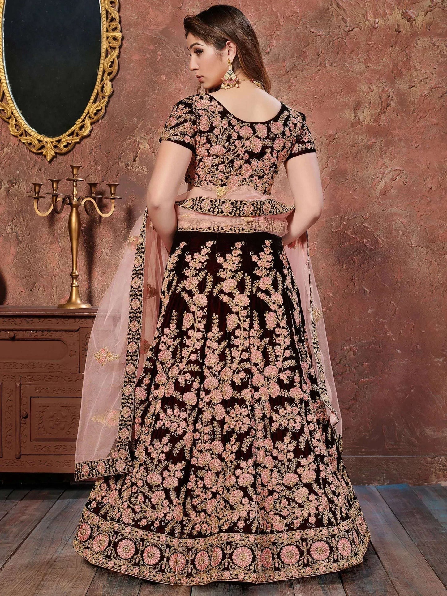 Tulsi Art Maroon Thread Embroidery Velvet Silk Bridal Wear Lehenga Choli And Pastel Pink Dupatta