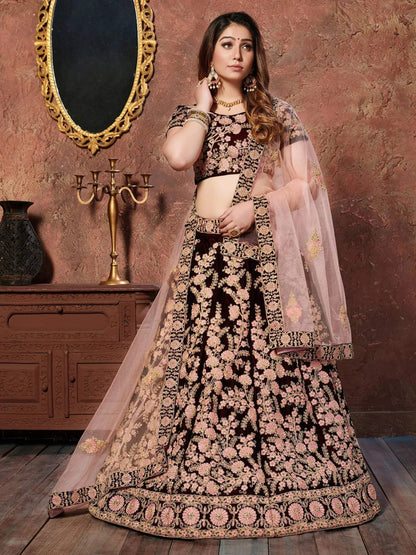 Tulsi Art Maroon Thread Embroidery Velvet Silk Bridal Wear Lehenga Choli And Pastel Pink Dupatta