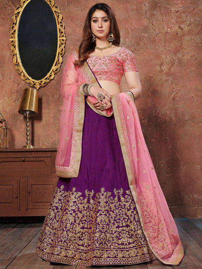 Tulsi Art Purple Sequins Silk Wedding Lehenga With Pastel Pink Choli And Dupatta