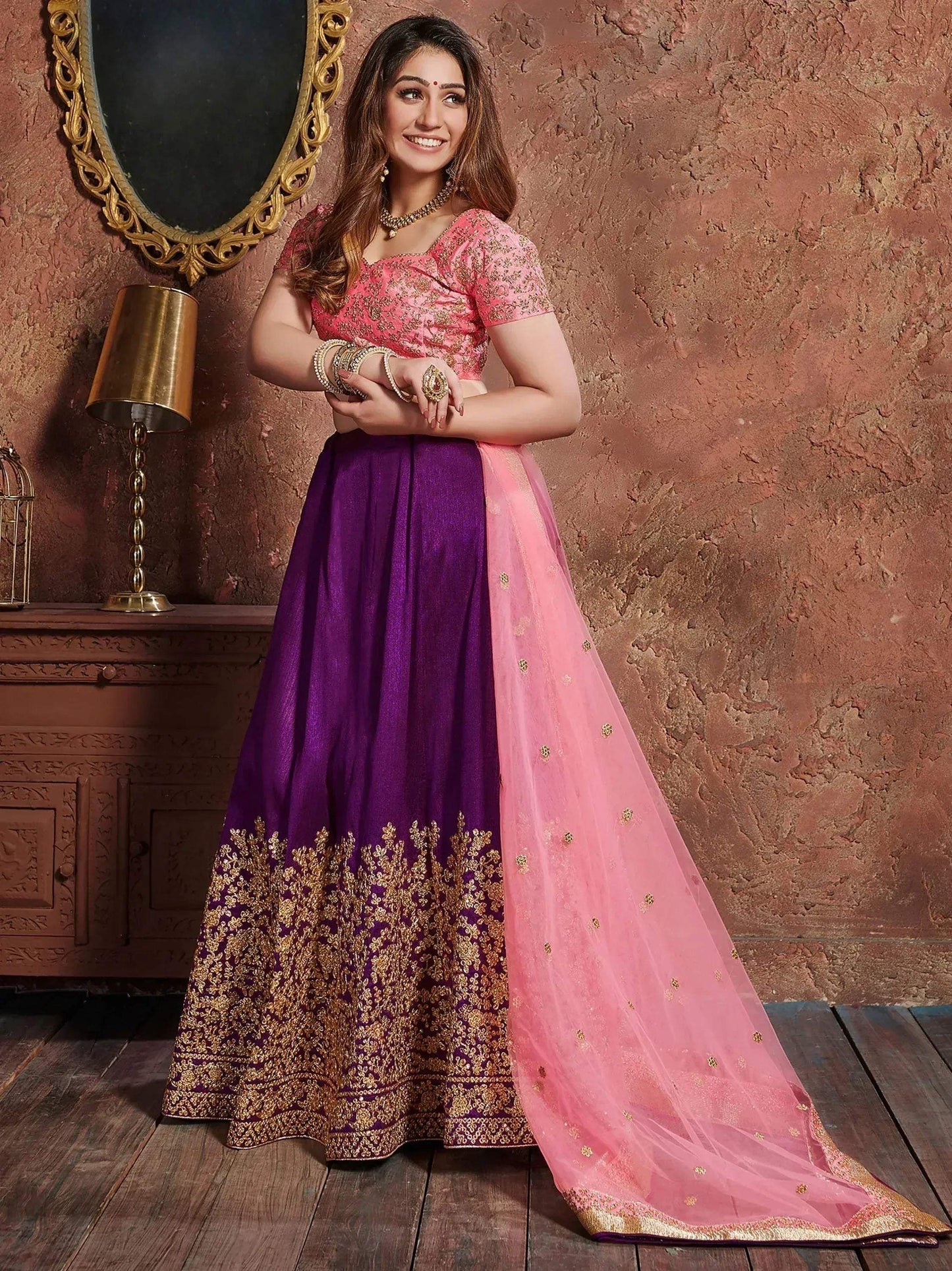 Tulsi Art Purple Sequins Silk Wedding Lehenga With Pastel Pink Choli And Dupatta