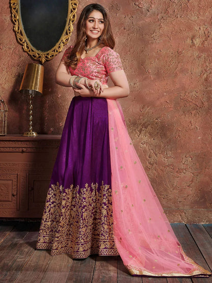Tulsi Art Purple Sequins Silk Wedding Lehenga With Pastel Pink Choli And Dupatta