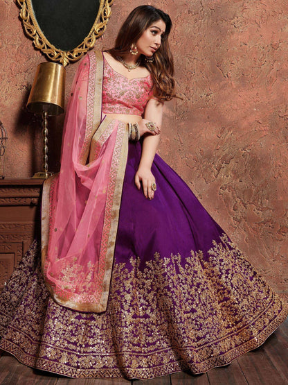 Tulsi Art Purple Sequins Silk Wedding Lehenga With Pastel Pink Choli And Dupatta