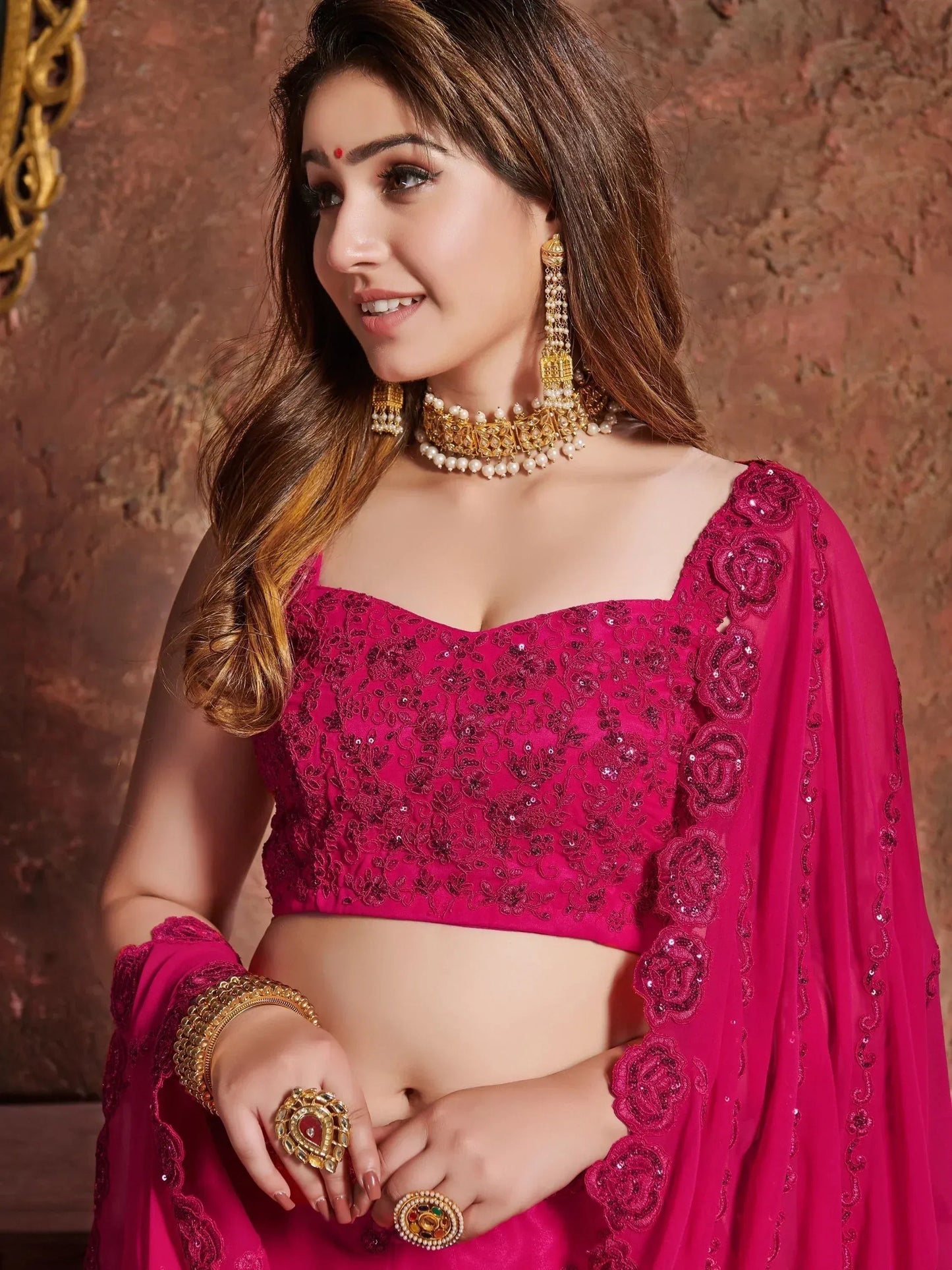 Tulsi Art Pink Sequins Georgette Wedding Lehenga Choli With Dupatta
