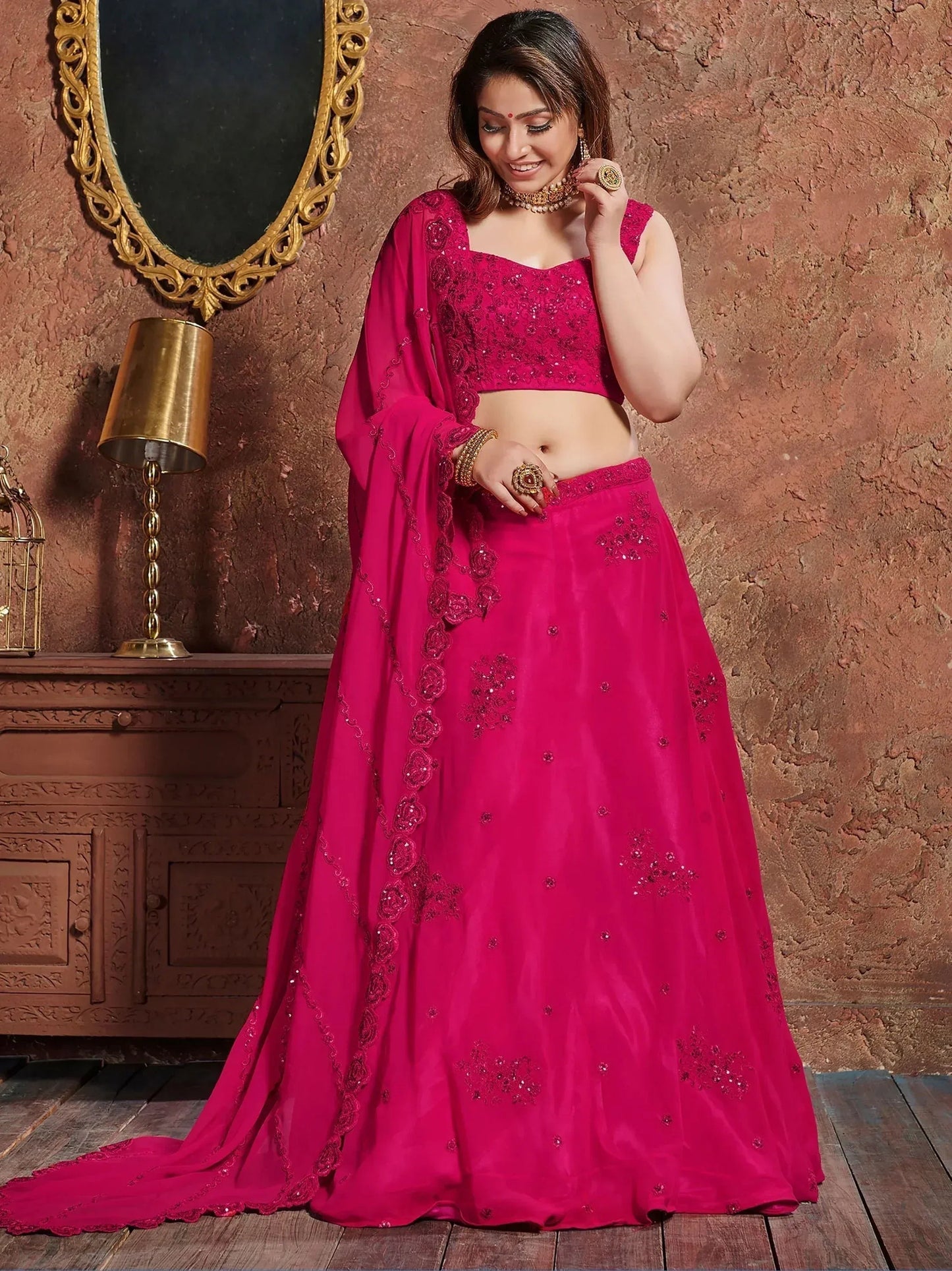 Tulsi Art Pink Sequins Georgette Wedding Lehenga Choli With Dupatta
