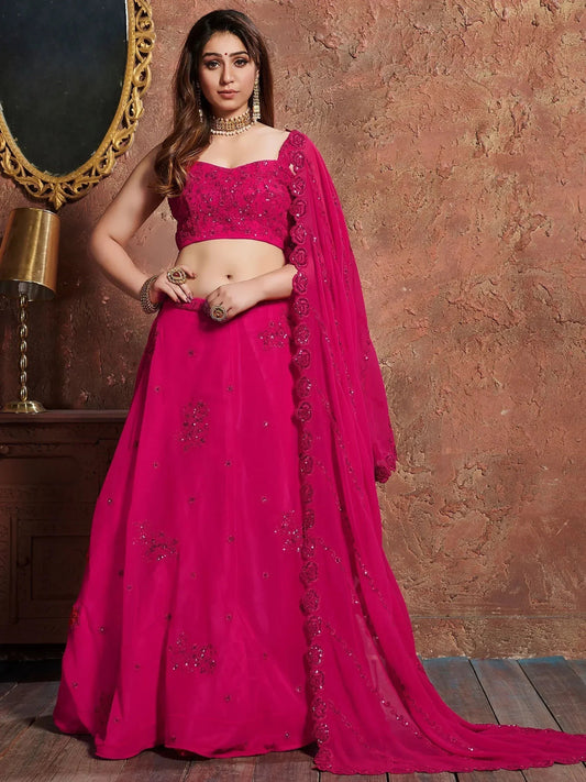 Tulsi Art Pink Sequins Georgette Wedding Lehenga Choli With Dupatta