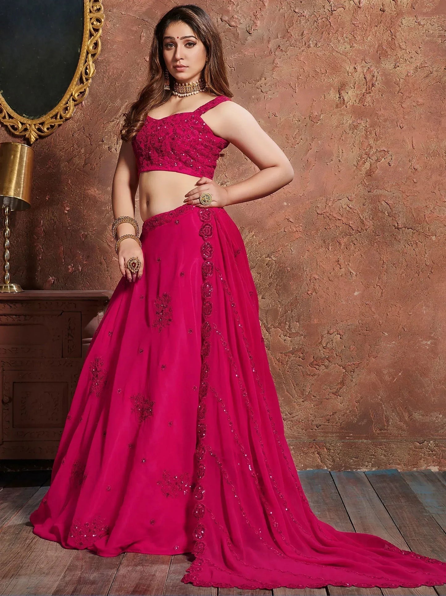 Tulsi Art Pink Sequins Georgette Wedding Lehenga Choli With Dupatta