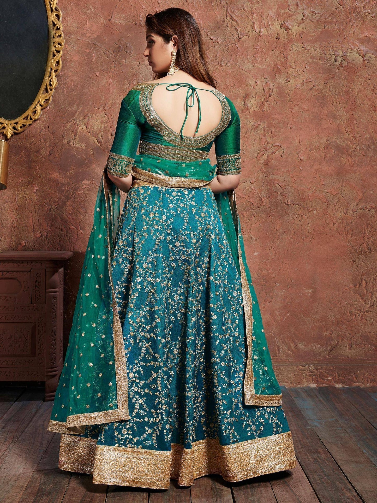 Tulsi Art Teal Green Sequins Art Silk Wedding Lehenga Choli With Dupatta