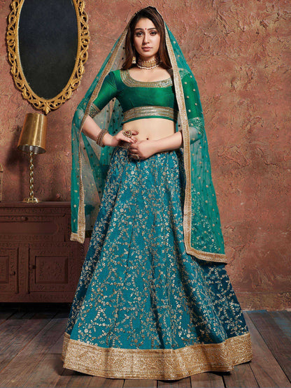Tulsi Art Teal Green Sequins Art Silk Wedding Lehenga Choli With Dupatta