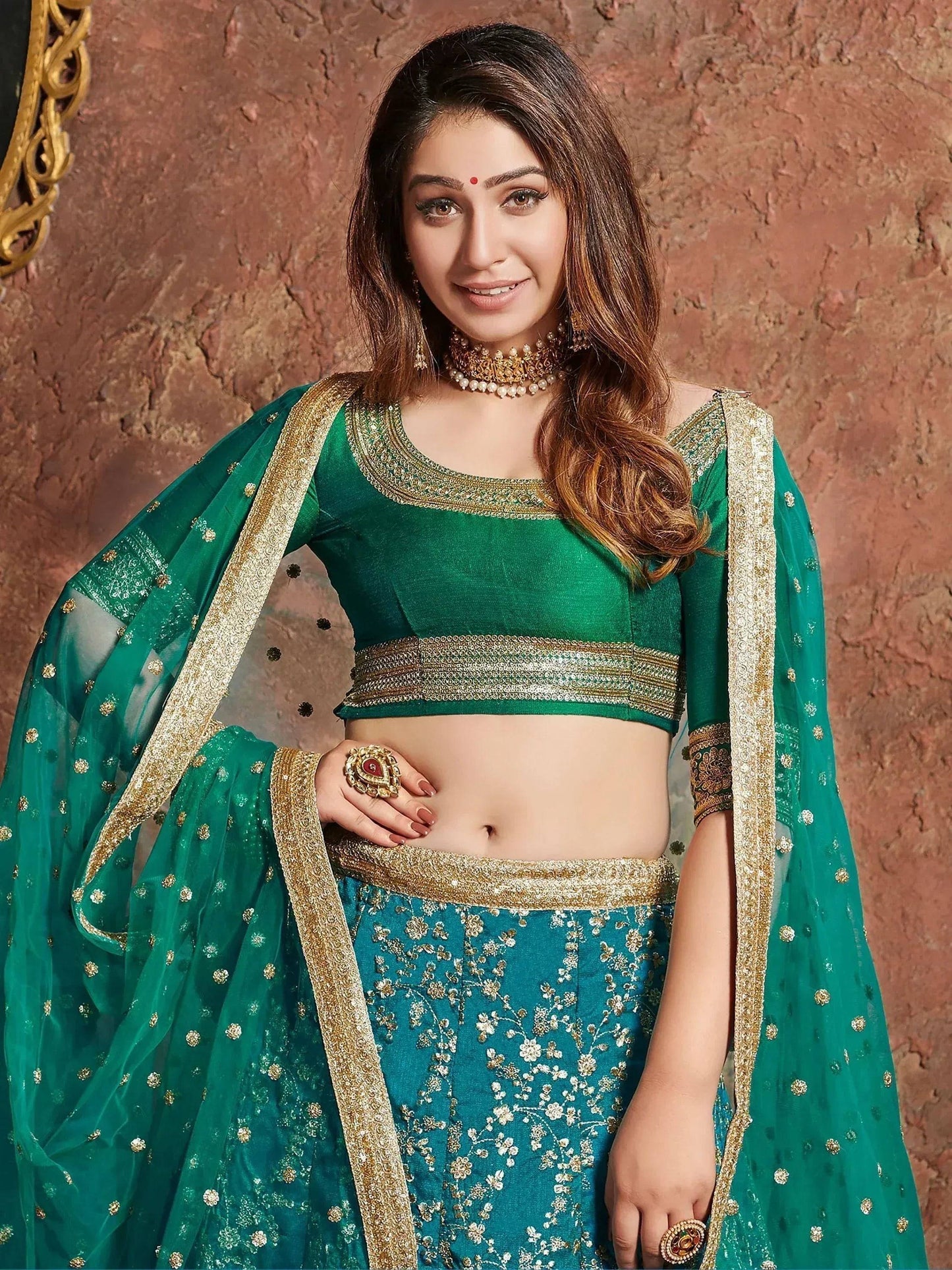 Tulsi Art Teal Green Sequins Art Silk Wedding Lehenga Choli With Dupatta