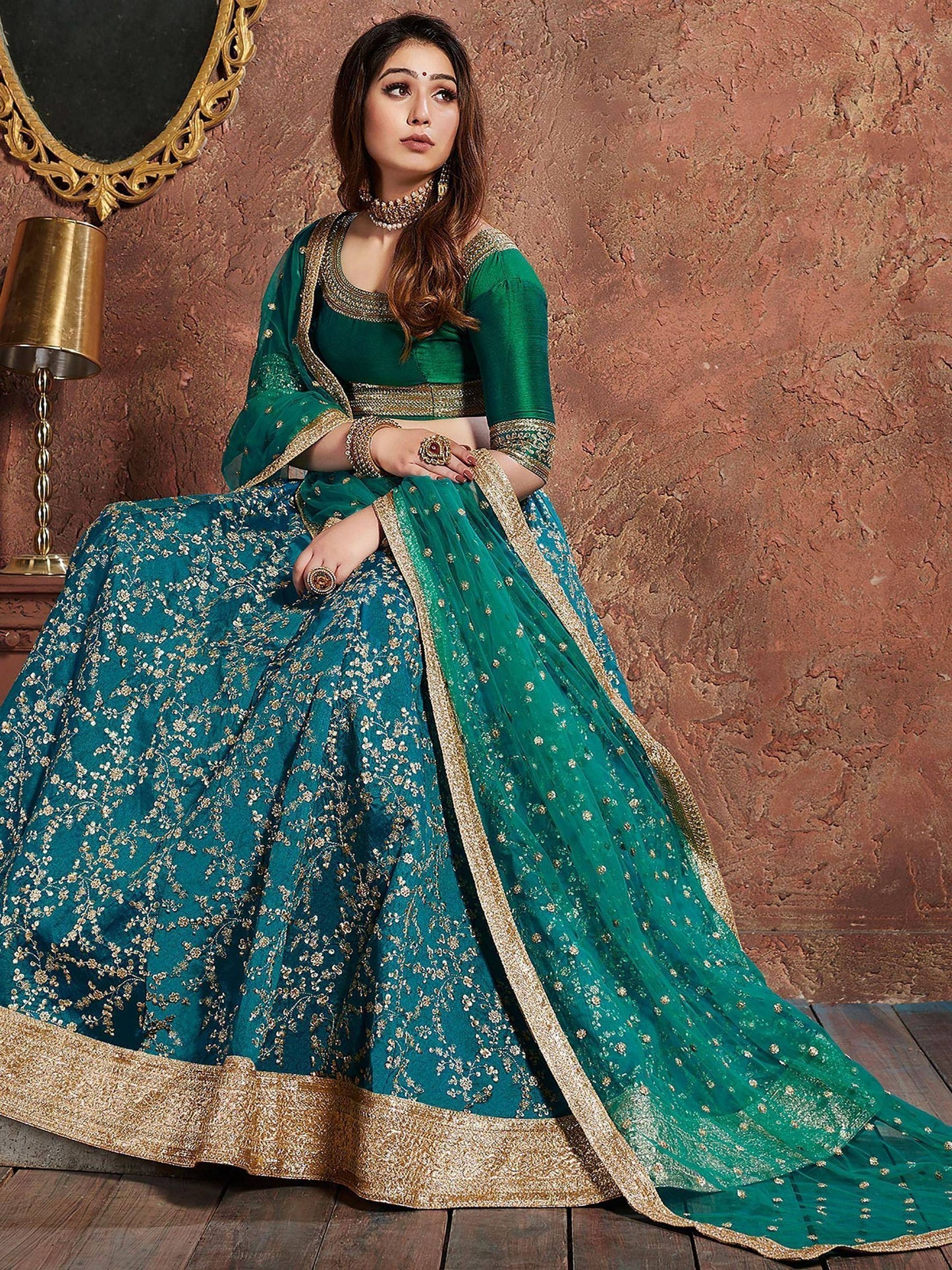 Tulsi Art Teal Green Sequins Art Silk Wedding Lehenga Choli With Dupatta