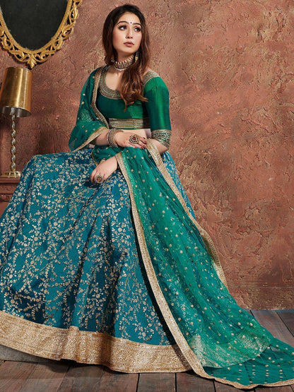 Tulsi Art Teal Green Sequins Art Silk Wedding Lehenga Choli With Dupatta