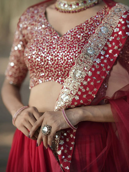 Tulsi Art Incredible Red Sequins Georgette Designer Lehenga Choli With Dupatta