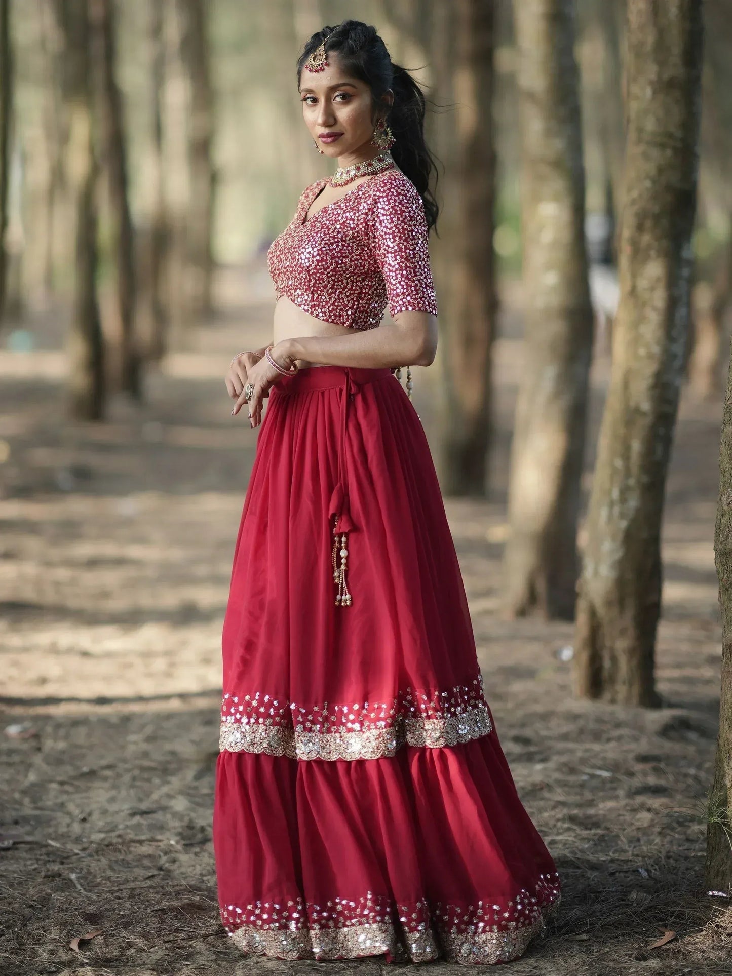 Tulsi Art Incredible Red Sequins Georgette Designer Lehenga Choli With Dupatta