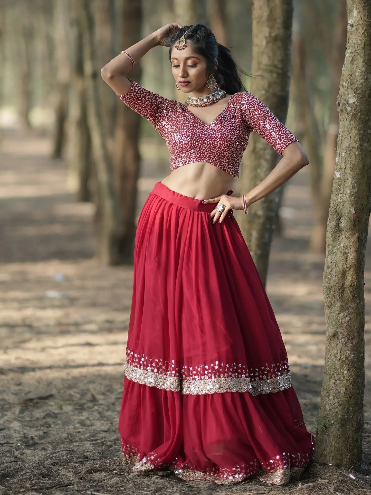 Tulsi Art Incredible Red Sequins Georgette Designer Lehenga Choli With Dupatta